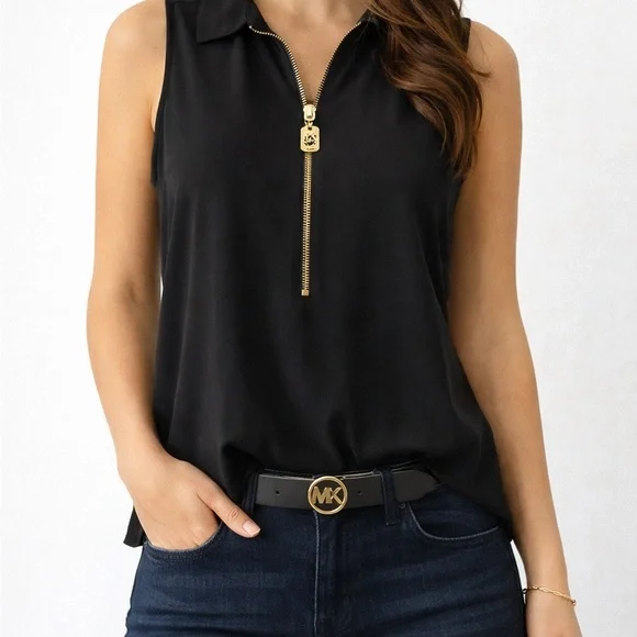 Michael Kors Black Sleeveless Blouse Gold Zip Front Size S - Picture 1 of 6